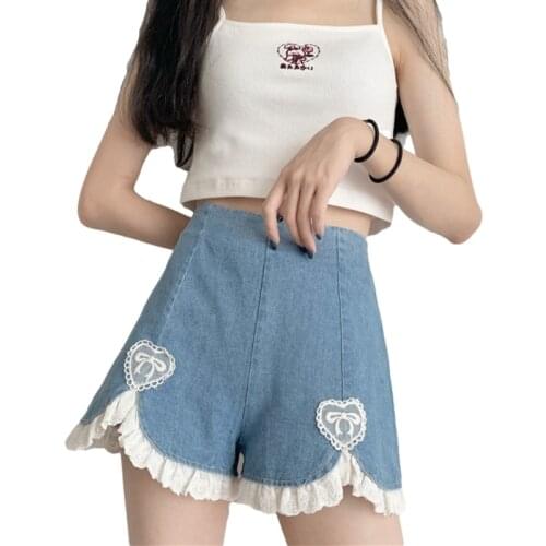 Summer Japan Style Soft Girls Denim Shorts Women 2021 Kawaii Heart Causal Jeans Female High Waist Blue Cute Lace Wide Leg Shorts