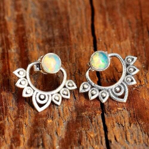 Indian Tribal Hollow Metal Lotus Opal Stone Stud Earring Boho Jewelry Antique Silver Color Handmade Ear Studs 2pcs/set