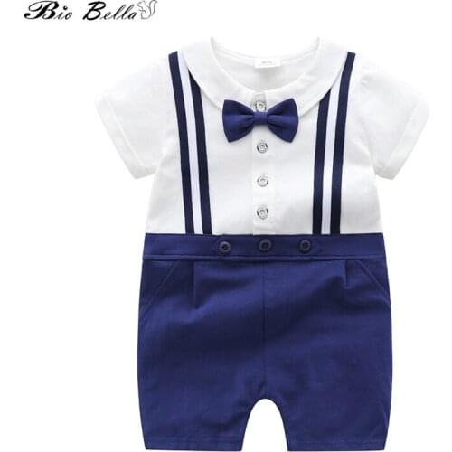 New Baby Rompers Newborn Infant Baby Boy Summer Short Sleeve One-piece Formal Striped Jumpsuit Bow Decor Gentle Boys Clothing