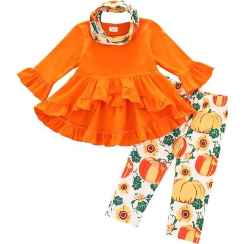 2020 Halloween Toddler Baby Girl Clothes Orange Solid Ruffle Long Sleeve Top+Pumpkin Print Pants+Scarf 3pcs Set 0-6Years