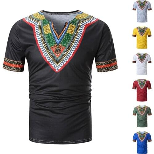 Fashion Summer Mens African Clothes Ethnic Style Printed V-neck Short-sleeved T-shirt Dashiki Casual Printed V-neck Tee Tops