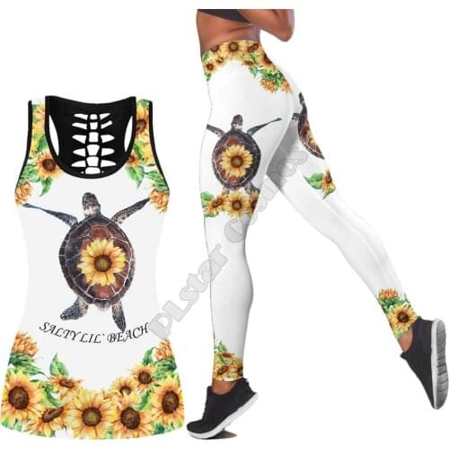 Sea turtle Polynesian 3D Printed Hollow Out Tank Legging Suit sexy Yoga Fitness Soft Legging Summer Women For Girl 26
