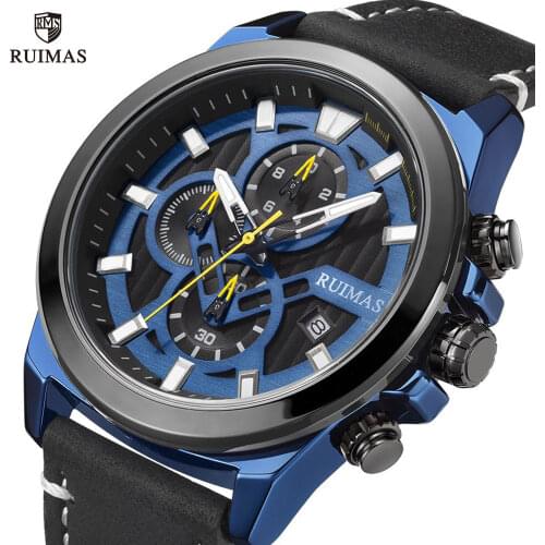 RUIMAS Casual Watches Men Genuine Leather Chronograph Quartz Watch Luxury Waterproof Wristwatch Man Military Sport Relogio 582