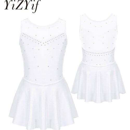 YiZYiF Kids Girl Sheer Lyrical Dance Dresses Sparkly Tulle Back Figure Skating Dress Ice Ballet Competition Dance Leotard Dress