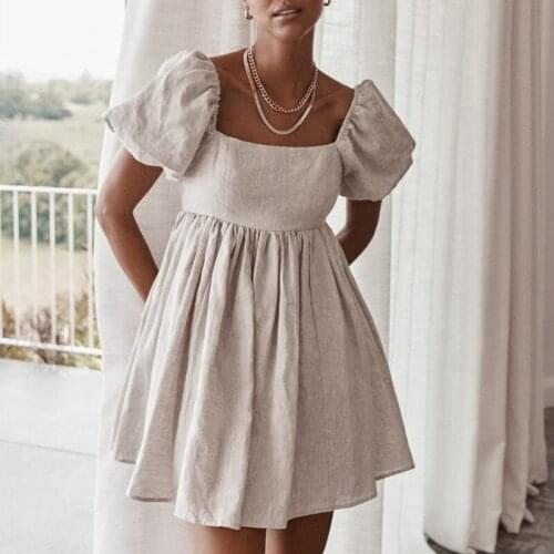 Casual Vintage Dress Women Summer Puff Sleeve A Line Short Party Dresses High Waist Square Collar Linen Ladies Mini Dress 2021
