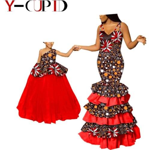 African Dress Women Girls Yarn Gown Vestidos Mother Slim Dresses Bazin Riche Daughter Matching Clothing Party Wedding YA19F006