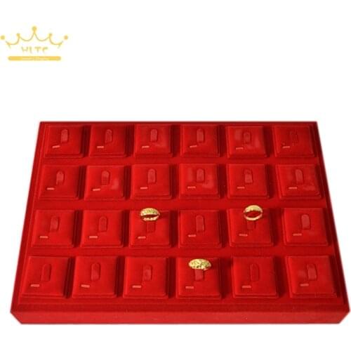 Red velvet 24 ring pallet gold jewelry ring display rack storage box high qulaity jewelry props for ring display
