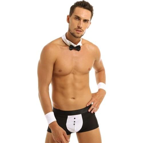 Sexy Men Waiter Lingerie Set Clubwear T-Back Tuxedo Costume String Homme G-string Thong Jockstraps Underwear with Bow Tie Collar