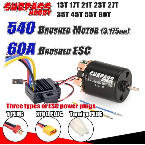 SURPASS HOBBY Combo 540 Brushed Motor 13T 17T 21T 23T 27T 35T 45T 55T 80T with 60A ESC for 1/10 RC Off-road Racing Car Truck