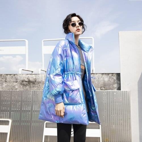Loose Stand-Up Collar Gradient Color Shiny Down Jacket Women Mid-Length Winter Korean Style Pocket White Duck Down Jacket