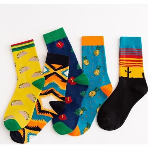 Streetwear Harajuku Cotton Womens Socks Cute Soft Novelty Kawaii Funny Pineapple Omelet Cactus Rhombus Flower Mens Happy Socks