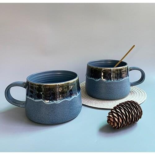 Vintage Porcelain Mug Brown Blue Handmade Drinkware Cup Gift Ceramic Coffee Mug Wood Lid Antique Classic Design