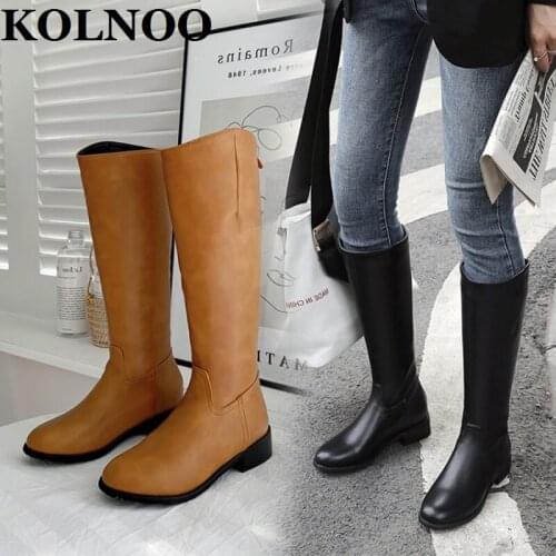 KOLNOO Handmade New Ladies Block Heel Boots Eurolish Style Two Color Mid-Calf Boots Large Size 34-50 Winter Fashion Party Shoes