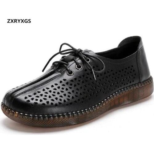 Promotion Soft Cowhide Hole Shoes Women Sandals 2020 New Summer Casual Sandals Soft Comfort Summer Sneakers Flat Leather Sandals