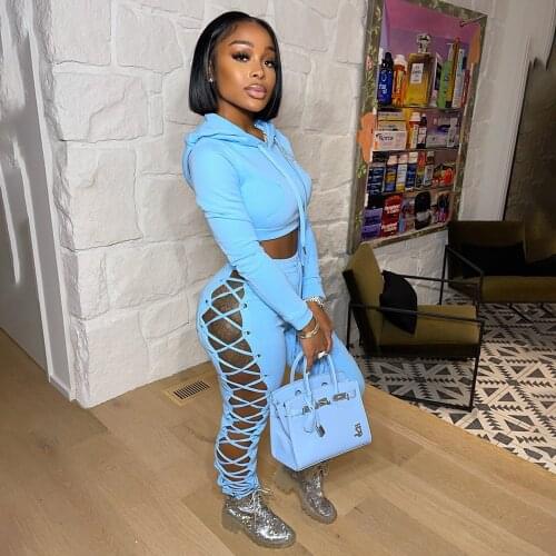 2021 Ins Celebrity Famous 2 pcs Tracksuits Women Set Bandage Solid Hooded Long Sleeve Short Tops Long Pants Elastic Outfits