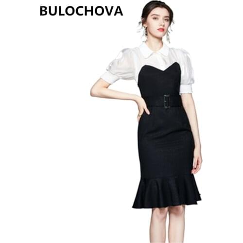Drop Shipping Black White Patchwork Women Single-Breasted Knee Length Dress 2021 New Summer Runway Slim Belt Vestidos Femme XXL