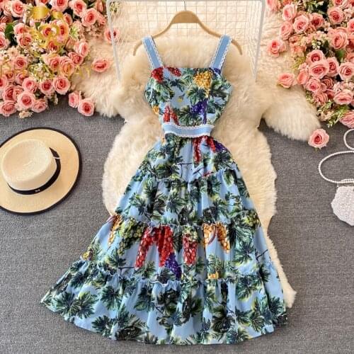 Runway Fashion Summer Beach Holiday Dress Womens Spaghetti Strap Floral Printed Elegant Chic Midi Dresses Lace Up Clothes Mujer