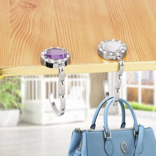 3 Colors Foldable Hangbag Hook Round shape Crystal Alloy Portable Purse Bag Hook Holder For Hanging Table Hook Desk Hanger
