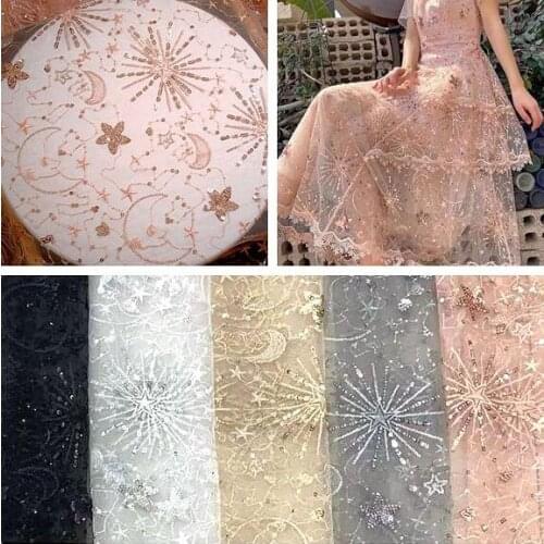 50*135cm Wide Stars Moon Sequins Embroidered Lace Fabric For Costume Evening Wedding Dress Bridal Bown Clothes Sewing Materials