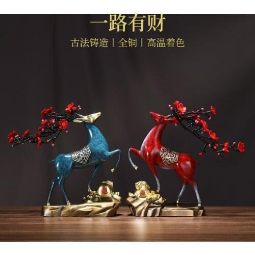 Asan Chinese Traditional Color Art Pure Copper Brass Sika Deer Statue Home Office Decor Money Drawing Lucky Fortune Life Turning