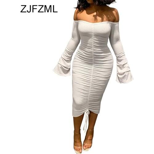 Black White Ruched Drawstring Bandage Midi Dress Woman Slash Neck Long Flare Sleeve Vestidos Sexy Skinny Party Club Robe Femme