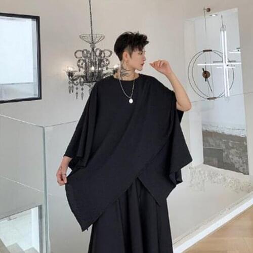 Men summer asymmetric patchwork punk hip hop oversized t shirt black white male vintage loose tee shirts streetwear