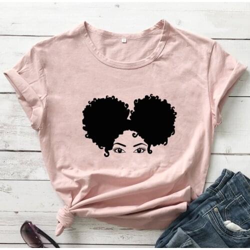 Cute Black Afro 100% Cotton T-shirt Casual Women Short Sleeve Melanin Tshirt Trendy Hipster Black Girl Magic Tee Top