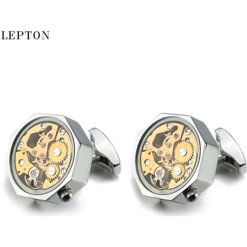 Hot Sale Gold Watch Movement Cufflinks With Glass Stainless Steel Steampunk Gear Watch Mechanism Cuff links for Mens gemelos