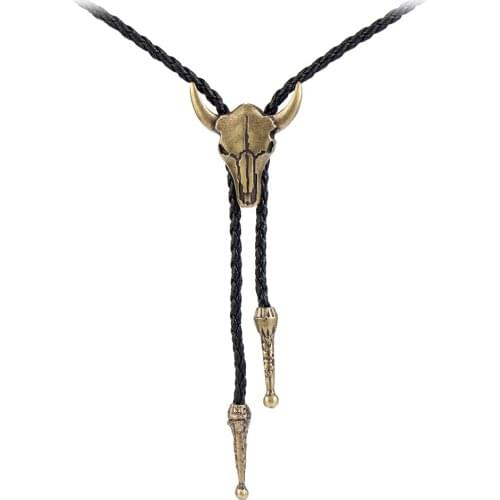 Classic Exquisite Vintage Carved Cool Alloy Bull Head&Bola Slide Penant Weave Black PU Leather Totem Necklace for Couple