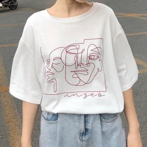 Kuakuayu HJN Womens Korean Fashion Faces Art Drawing T-Shirt Aesthetic Street Style Ulzzang Oversized Tee 90s Lolita Kawaii Top