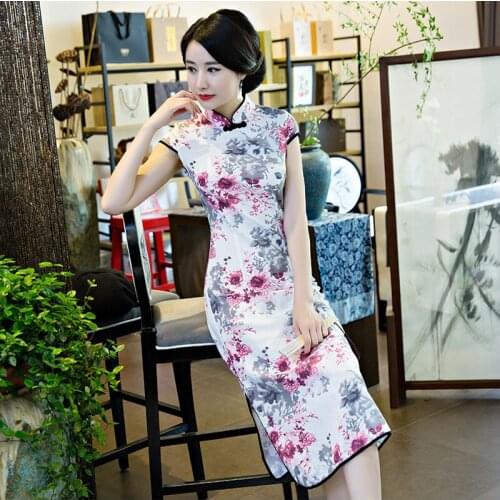 Fashion Retro Short Sleeve Printed Dress WomenS Mid-Length Daily Dress Women Cotton Linen Catwalk Cheongsam Female Slim Qipao
