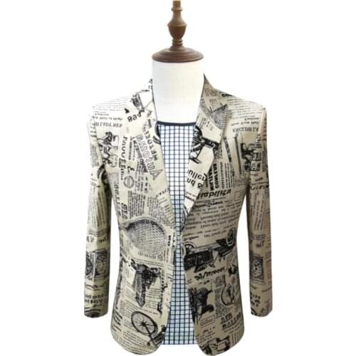 Newspaper Print Slim Fit Prom Party Club Men Suit Jacket DJ Host Stage Wedding Designer Cotton Blazer Homme 5xl