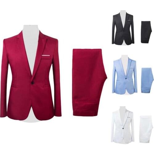 2Pcs/Set Men Suits 2021 Formal Business Party Solid Color Long Sleeve Blazer Suit Pants
