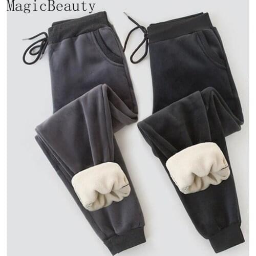 New Autumn Winter Women Lambskin Cashmere Pants Warm Female Slim Pants Harem Pants Lined Fleece Trousers