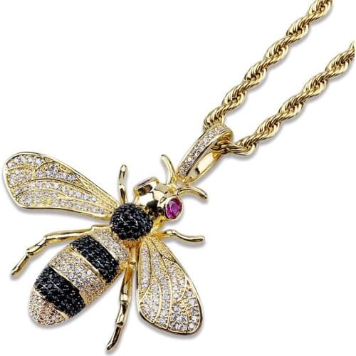 Hip Hop Micro Paved AAA+ Cubic Zirconia Iced Out Bling 3D Bee Pendants Necklace for Men Women Rapper Jewelry Gold Silver Color