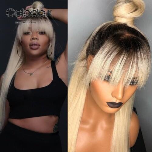 Brazilian Hair Wig With Bangs Straight Human Hair Wigs For Black Women 613 Blonde Ombre Color Bangs Wig Remy Hair Wigs 150