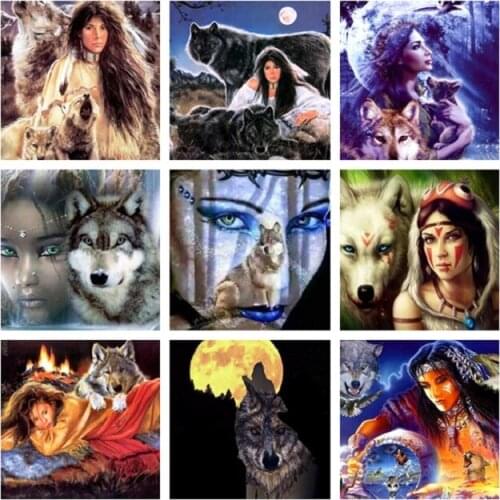 Full Round & Square Diamond Painting Black Wolf Girl 5D Mosaic Resin Diamond Embroidery Wolf Howling at the Moon Cross Stitch