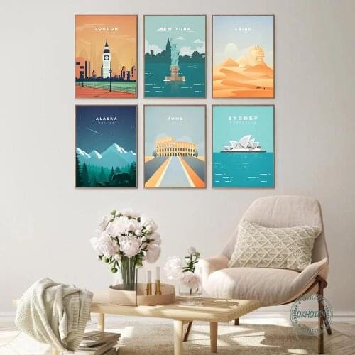 World Travel City London Rome New York Poster Famous Attractions Series Canvas Painting Wall Art Pictures for Living Room Decor