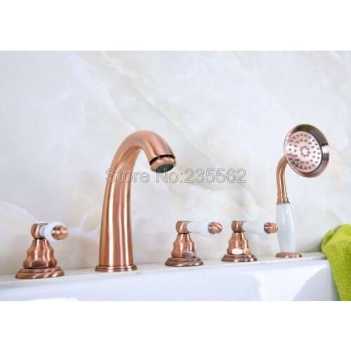 Antique Red Copper Deck 5 Holes Bathtub Mixer Faucet Handheld Shower Widespread Bathroom Faucet Set Water Tap Ltf232