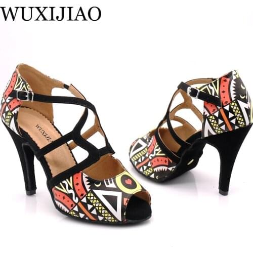 WUXIJIAO dance shoes girl Latin dance shoes trend printing PU salsa dance shoes HEEL5CM-10CM