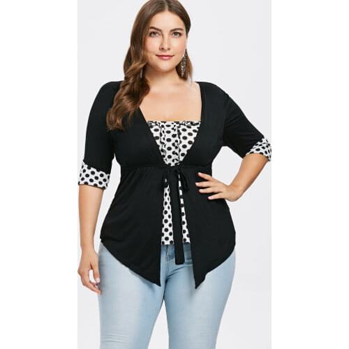Wipalo Plus Size 5XL Color Block Faux Twinset T-Shirt Polka Dot Slim Fit Empire Waist T-Shirt Spring Summer Half Sleeve Tee Tops