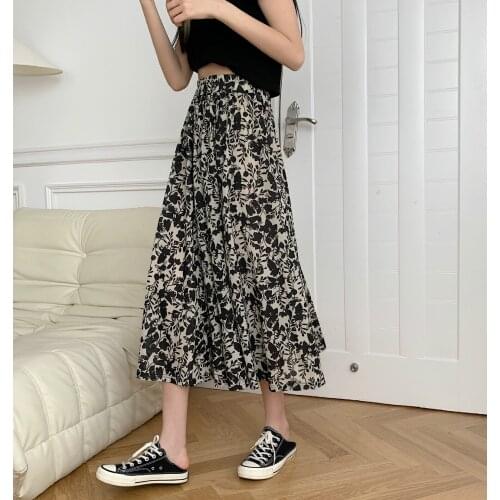 YYCZF 2021 New Summer Women Pure Skirt Dresses A-line Casual Holiday Show Thin Covering Hip High Waist Floral Elastic Fold Femme