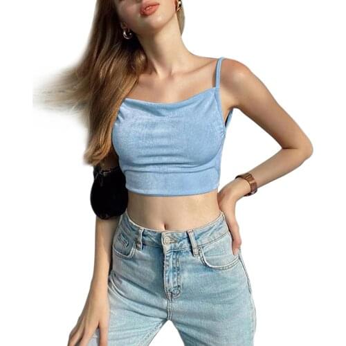 Female Camisole, Solid Color Sleeveless Spaghetti Strap Crop Tops Backless Vest for Summer, White/Blue