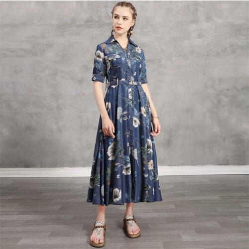 Summer Cotton Womens Dress 2020 Vintage Turn-down Collar Belted Floral Print Dress Denim Unique Girls K82236 Vestido