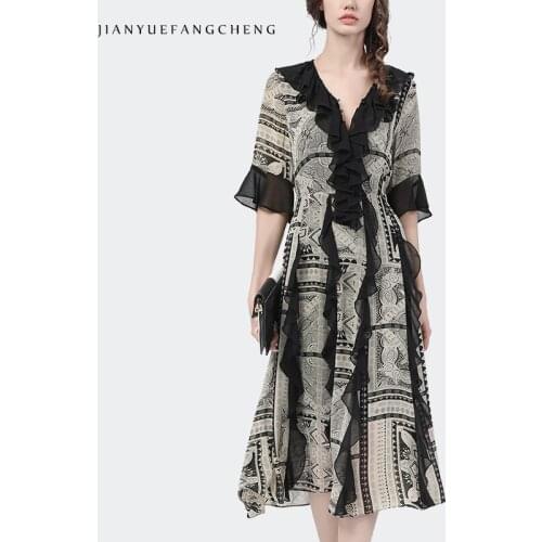 Fashion Gemetric Patterns Printed Beige Chiffon Long Dress Women Summer New V-Neck With Black Ruffles Elegant Bodycon Dresses