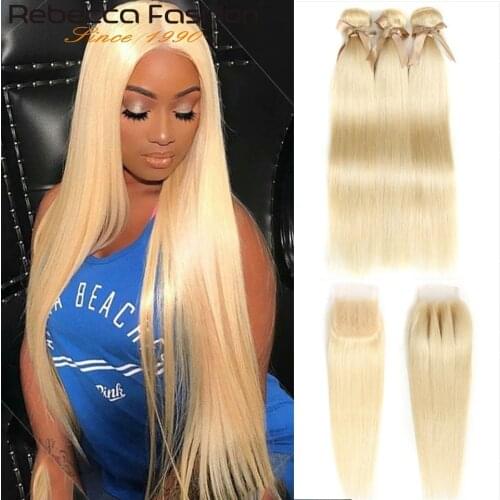 Rebecca 613 Bundles With Closure Brazilian Remy Straight Human Hair Honey Blonde Weave 3 Bundles With Closure