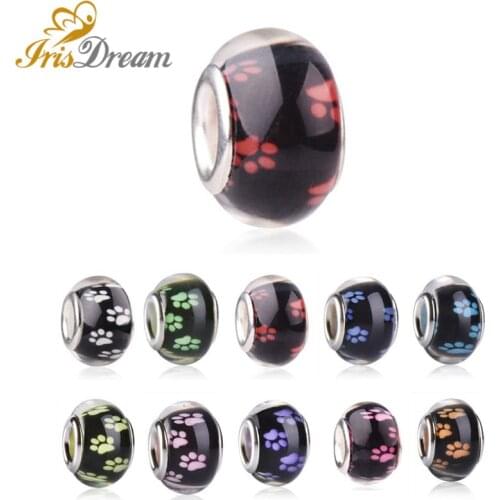 50Pcs Lovely Cute Round Metal Dog Paw Resin Big Hole Beads for Jewelry Making Fit Pandora Bracelet Murano Spacer DIY Necklaces
