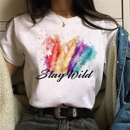 FIXSYS Fashion Women T Shirt New Feather Print T Shirt Harajuku Graphic Tee Shirts Female Summer Cute Ladies White Cartoon Tops