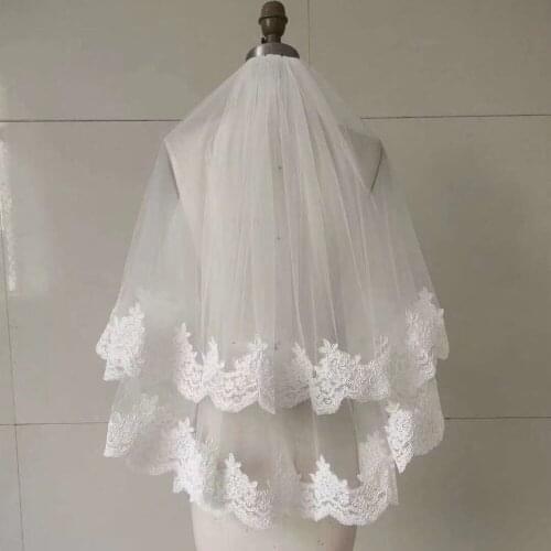 Short White Ivory 2T Wedding Veils With Comb Bridal Accessories Lace Hem Bridal Veil