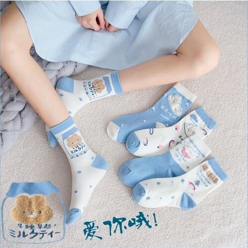 OMEA Bears Cute Socks Girls Ice Cream Japanese Fashion Rabbit Blue Socks Women Cotton Kawaii Middle Tube Kawaii E Girl Aesthetic